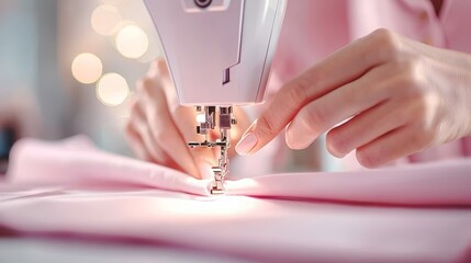 Focused shot of sewing instructor showing advanced techniques, hands steady on fabric, sewing machine in crisp detail, natural light effect