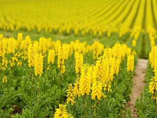 Obraz premium Panoramic view of a field with rows of yellow snapdragons growing together, countryside, landscape