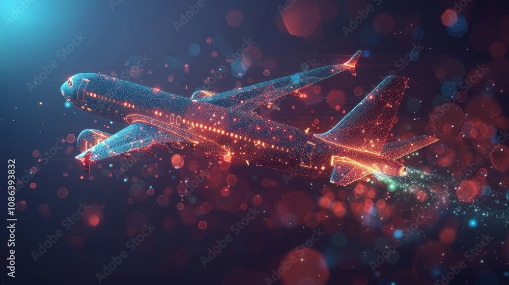 Aufkleber a digital rendering of an airplane in flight, constructed from glowing lines and particles, against 
