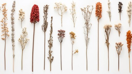 Flat lay of various dried wildflowers arranged on a white background, showcasing natural textures, minimalism, and botanical beauty.