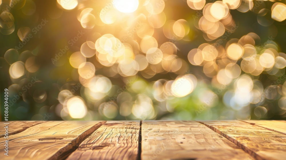 Poster a rustic wooden table sits empty, surrounded by a soft bokeh of golden light, creating a tranquil an