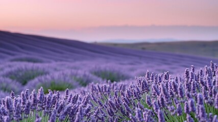 Obraz premium Rolling hills of purple lavender stretching towards the horizon as the day comes to a close, serene atmosphere, natural scenery