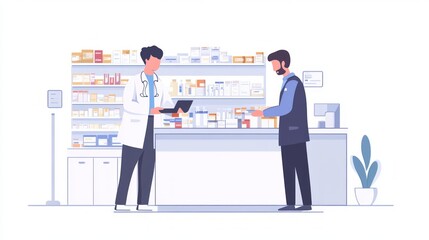 Fototapeta premium Pharmacy Interior Illustration: Customer and Pharmacist Interaction