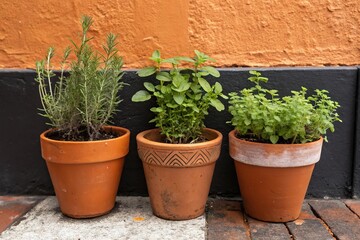 Set of three terracotta pots filled with different types of herbs placed on a rustic orange and black wall, black, nature-inspired