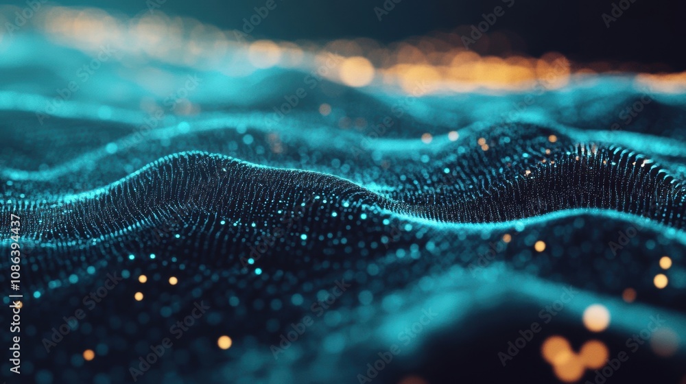 Poster blue light patterns swirl and shift over a textured surface, interspersed with golden highlights, cr