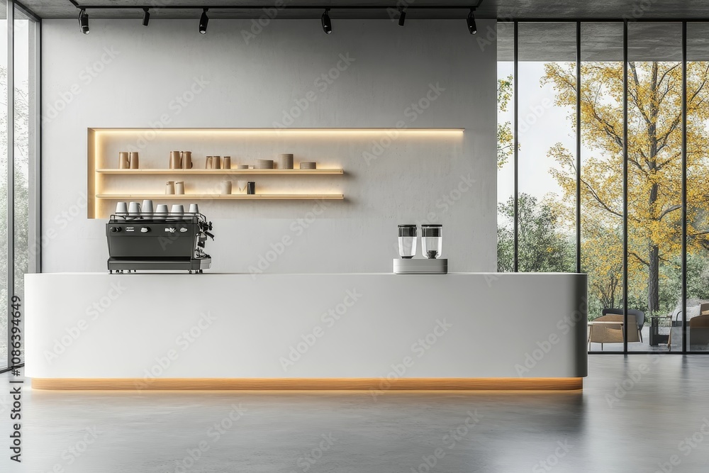 Poster modern coffee shop counter with a minimalist design and a view of the outdoors.