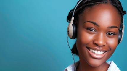 A friendly customer service representative in a headset beams with a warm smile while assisting customers in a welcoming environment