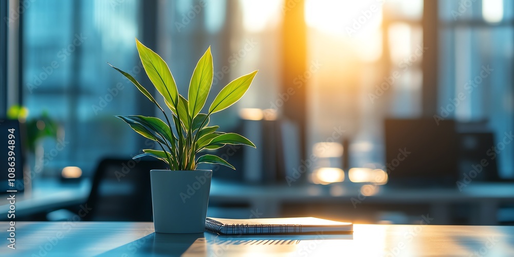 Aufkleber a potted plant on a desk in an office with a window behind it, bathed in the warm glow of the settin