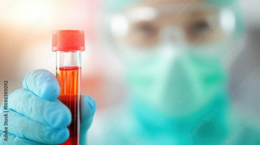 Poster a scientist holds a red vial in a laboratory, focusing intently while surrounded by various test tub