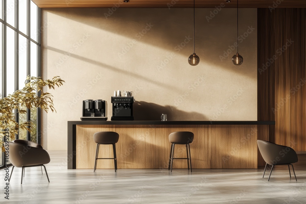 Poster modern minimalist coffee bar with wooden counter and bar stools, featuring a large window with natur