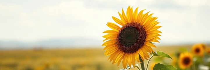 Fototapeta premium Tall sunflower standing alone in a vast open space, field view, sunflowers, outdoor scenery