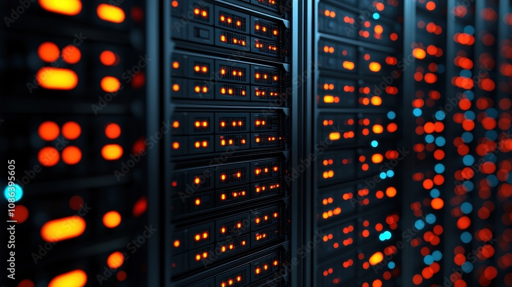 Poster glowing server racks data center network technology