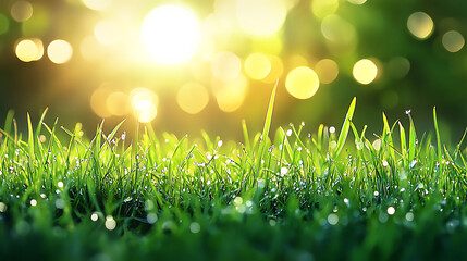 Obraz premium Green grass with water drops bright sunlight green nature background summer meadow sunrise. Banner.