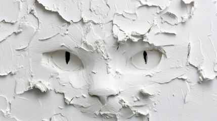 A mysterious and artistic portrayal of a cat's face sculpted into thick white paint, creating a textured and eerie effect.