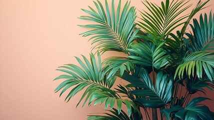 Lush green palm leaves against a soft peach background, creating a serene ambiance.