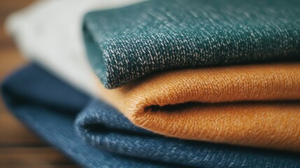 Brightly colored shirts are neatly stacked on a wooden surface, offering stylish options for casual wear and everyday outfits