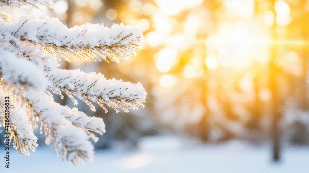 Poster sunlight filters through snow-covered pine branches, illuminating the landscape and creating a tranq