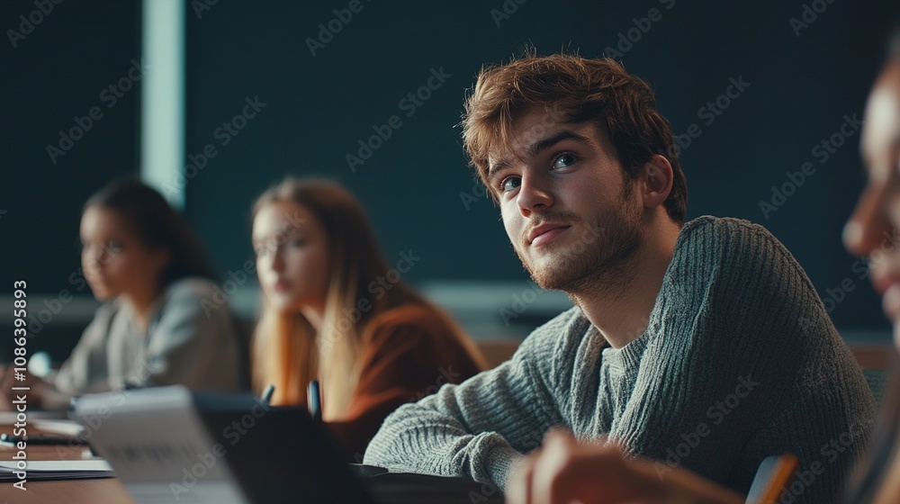 Poster engaged university students participating in economics class discussion with focused expressions and