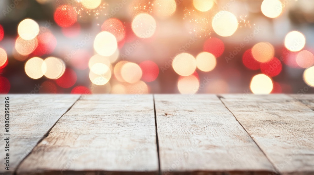 Aufkleber a rustic wooden table is illuminated by vibrant red bokeh lights, setting a cheerful and festive moo