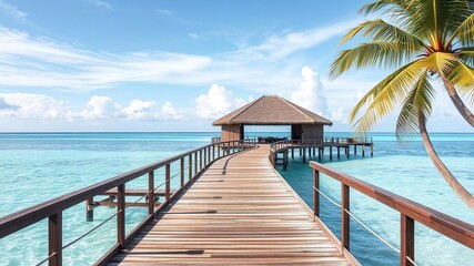 Fototapeta premium Tropical wooden pier stretching into turquoise sea with vibrant palm trees in background, pier, tropical, serene