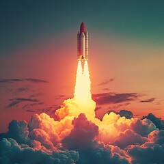 Naklejka premium Pop art rocket ascent against radiant sunset lit sky image