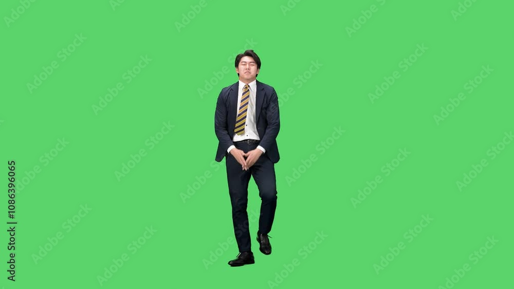 Aufkleber がっかりしてダンスする男性ビジネスパーソンの全身動画　クロマキー合成用グリーンバック映像
