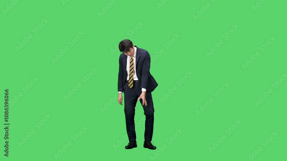 Poster がっかりしてダンスする男性ビジネスパーソンの全身動画　クロマキー合成用グリーンバック映像