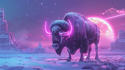 A majestic bison stands in a desolate landscape bathed in neon light, its horns glowing with pink and purple light. The full moon hangs high in the sky, casting an ethereal glow on the scene.