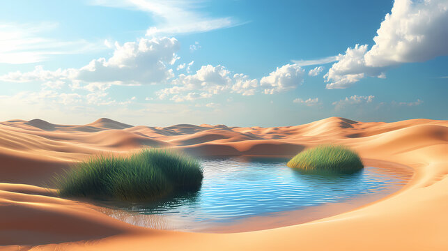 Surreal oasis emerging from shimmering desert sands lush emerald grass contrasting against endless golden dunes blurring the line between reality and illusion. Surreal Desert Mirage. Illustration