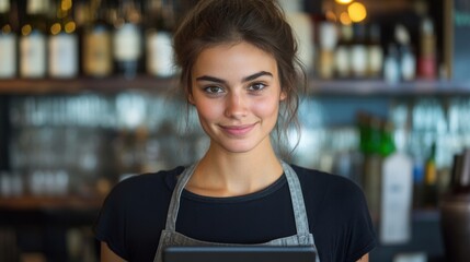 A waitress is interacting with customers while using a tablet to take their orders at a lively restaurant during evening hours