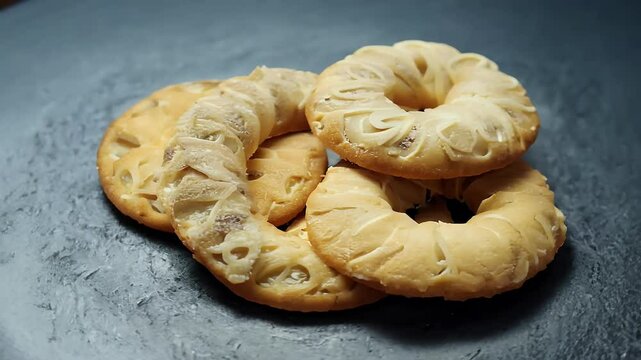 texture shape ideal advertising product videos italian cracker round circle breadstick pretzel sweet savoury video rotation topview cookie bread crunchy dainty delicious fennel bagel biscuit