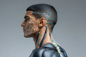 3D digital rendering of acupuncture needles aligned on a model of the human body with labeled meridian points