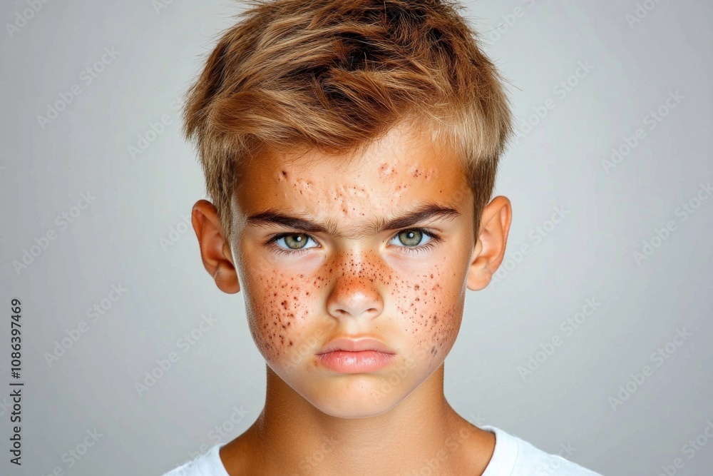 Poster a close-up of a young person with visible acne on their face, showing various types of blemishes in 