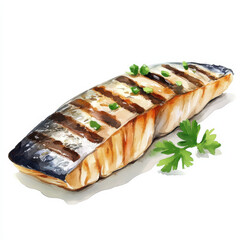 Grilled mackerel steak with herbs, beautifully illustrated in watercolor