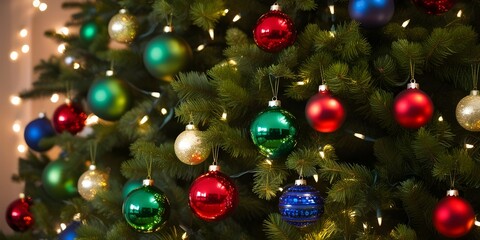 Closeup of Christmas Tree with Colorful Ornaments and Bokeh Lights