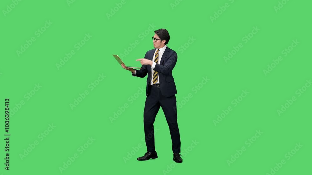 Poster ノートパソコンを使いながらダンスする男性ビジネスパーソンの全身動画　クロマキー合成用グリーンバック