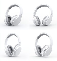 White wireless headphones displayed on a white background with four different angles.