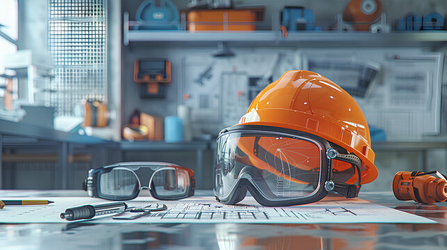 A safety helmet and goggles on a desk with technical drawings and engineering instruments in the background