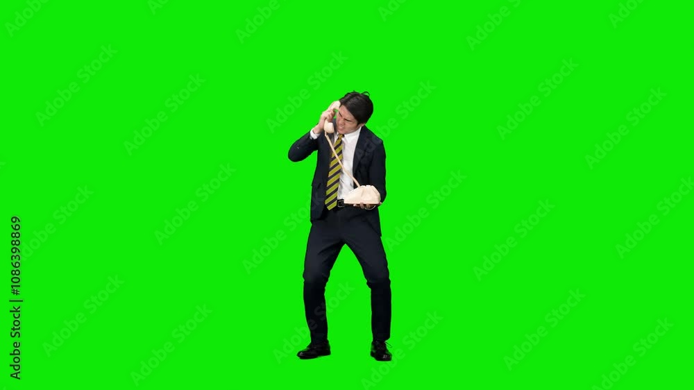 Aufkleber 電話をかけながらダンスする男性ビジネスパーソンの全身動画　クロマキー合成用グリーンバック映像