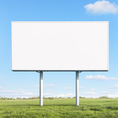 Mockup of A blank billboard stands against the blue sky, with clouds in the background mock up