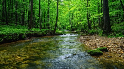 Obraz premium A serene forest scene with a flowing river surrounded by lush green trees.