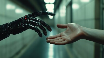 A robotic hand reaching towards a human hand in a corridor, symbolizing connection and coexistence.