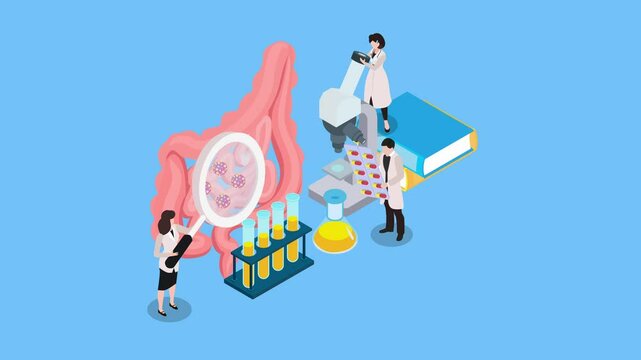 Doctor holds magnifying glass and examines colon. Group of proctologists analysis perianal area 3d cartoon animation