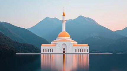 Serene Mosque by Lake Mountain Reflection Sunrise Serenity