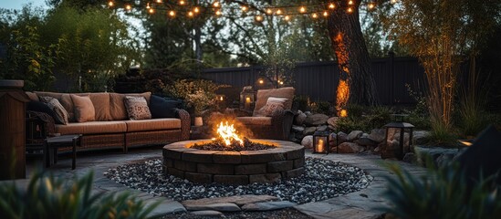 Cozy backyard fire pit with patio furniture, string lights, and lanterns.