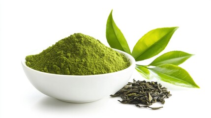 Energizing Green Tea Powder in Bowl for Metabolism Boost and Vitality, Isolated on White Background