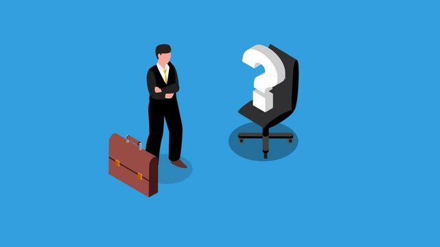 Businessman candidate thinking with office chair question mark 3d animation cartoon