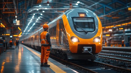 Train worker inspecting high-speed rail.