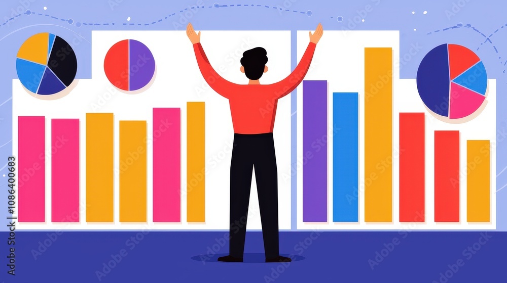Poster data analyst reviewing colorful charts graphs on large screen