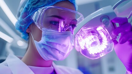 Female dentist adjusting dental light over patient on high-tech dental chair, bright sterile environment, dentist with patient, clean medical setting